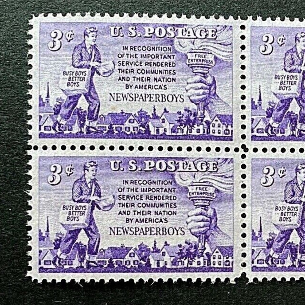 US Stamps, Scott #1015 Newspaper Boys Issue 1952 3c Side Block of 6   XF